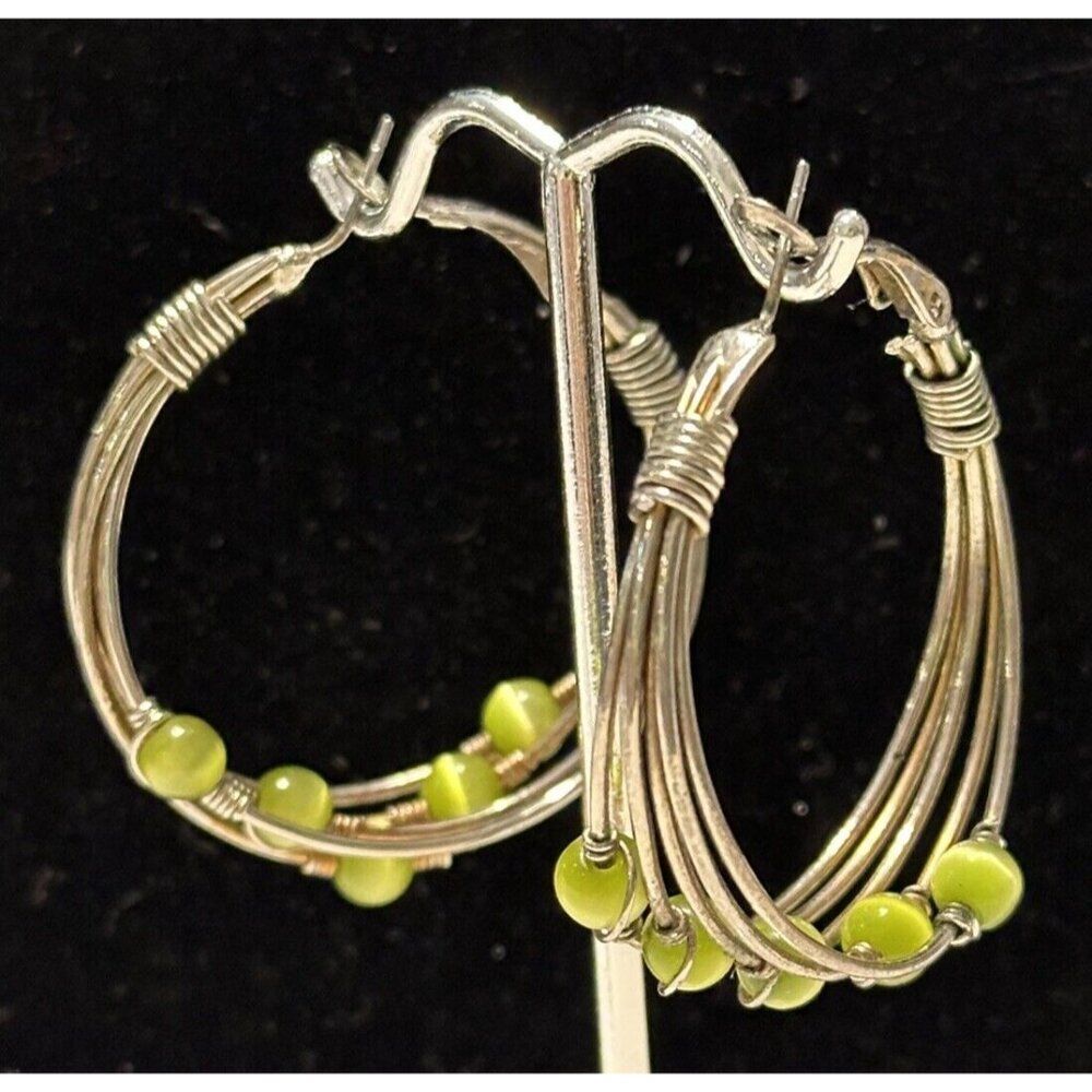 Silver Tone Green Moonstone Earrings Pierced Ears Hoop Round
